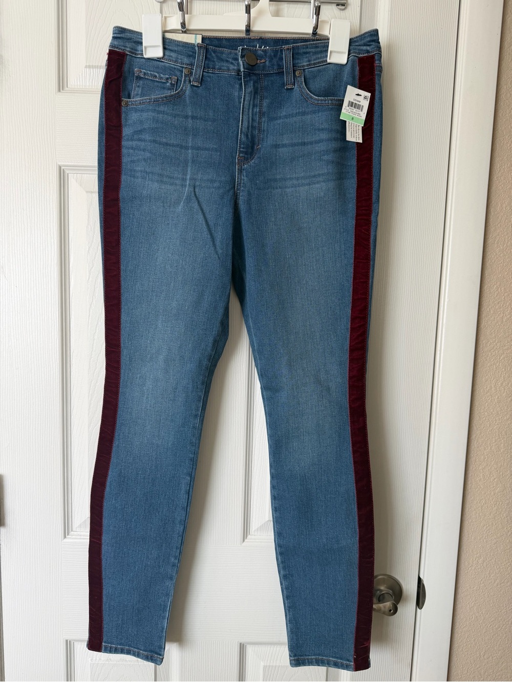 Maison Jules Blue Skinny Jeans with Burgundy Side Panels